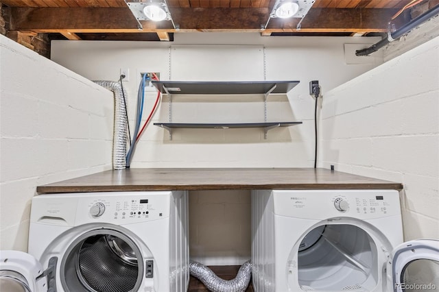 laundry area with washer and dryer and wooden ceiling