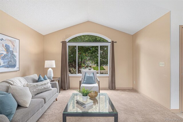 10152 Telluride St, Littleton, CO 80125 - living room featuring carpet flooring, vaulted ceiling, and a textured ceiling