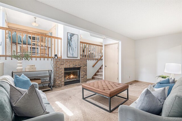 10152 Telluride St, Littleton, CO 80125 - living area featuring a brick fireplace, carpet, and stairs