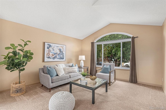 10152 Telluride St, Littleton, CO 80125 - living room featuring light colored carpet, lofted ceiling, and a textured ceiling