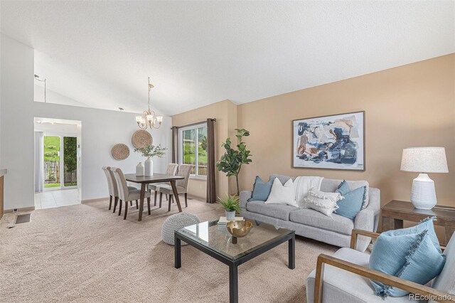 10152 Telluride St, Littleton, CO 80125 - living area with a chandelier, light colored carpet, plenty of natural light, and vaulted ceiling