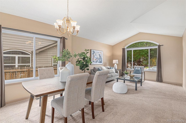 10152 Telluride St, Littleton, CO 80125 - dining area with carpet flooring, a chandelier, and vaulted ceiling