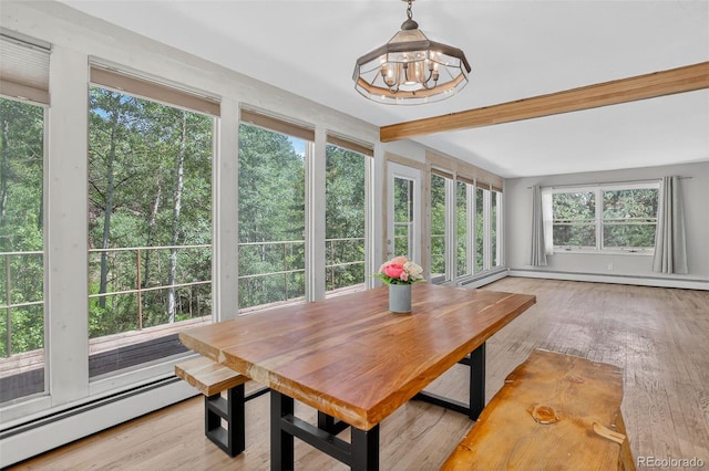 11701 Spruce Canyon Cir, Golden, CO 80403 - sunroom / solarium with a baseboard radiator, a chandelier, wood finished floors, and beamed ceiling