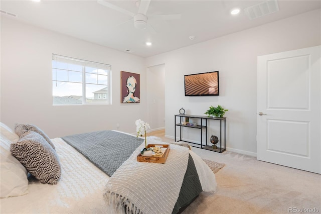 8582 Cheraw St, Littleton, CO 80125 - bedroom with light carpet, recessed lighting, and a ceiling fan