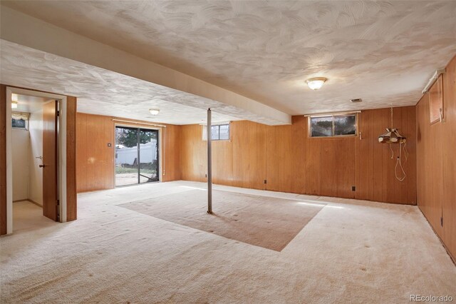 1720 S Balsam St, Lakewood, CO 80232 - basement with a textured ceiling, wood walls, and carpet