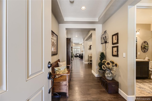 hallway featuring dark wood-type flooring