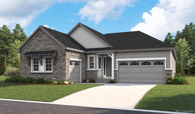 3789 Emerald Shore Cir, Loveland, CO 80538 - craftsman house featuring an attached garage, a front lawn, driveway, and stone siding