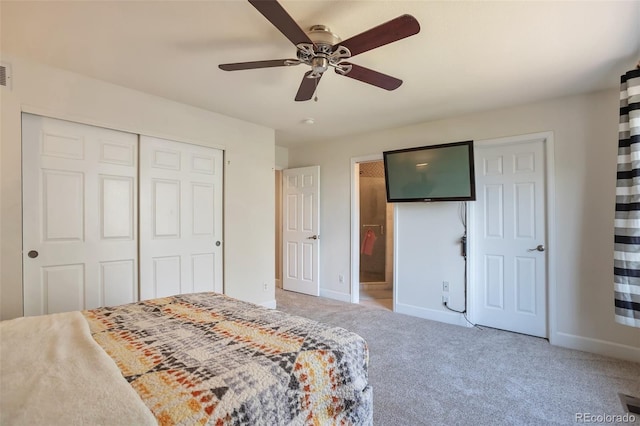 9889 Aftonwood St, Highlands Ranch, CO 80126 - bedroom featuring light carpet, baseboards, a closet, ceiling fan, and connected bathroom