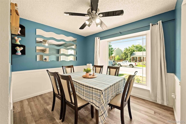 12234 W Saratoga Ave, Morrison, CO 80465 - dining area featuring a textured ceiling, a wainscoted wall, ceiling fan, healthy amount of natural light, and light wood-style flooring
