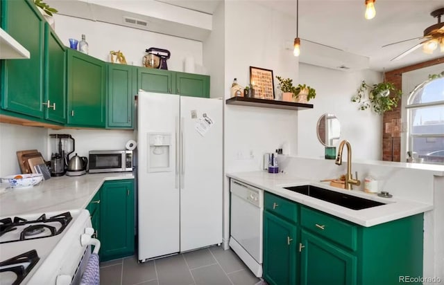 474 N Inca St, Denver, CO 80204 - kitchen featuring white appliances, dark tile patterned floors, ceiling fan, open shelves, and light countertops