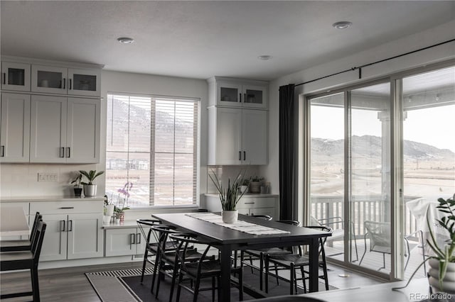 dining room with dark wood-type flooring, a healthy amount of sunlight, and a mountain view