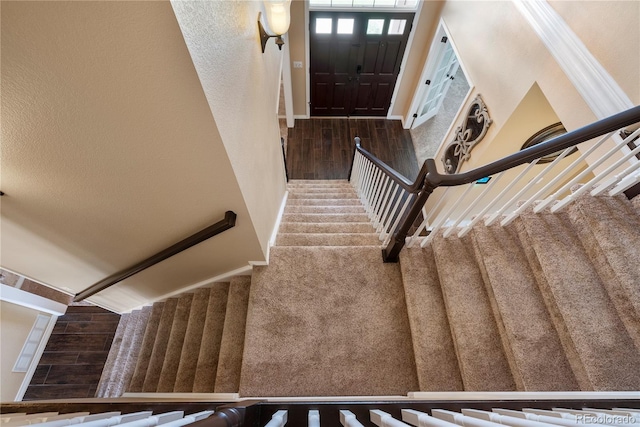 stairs featuring carpet floors