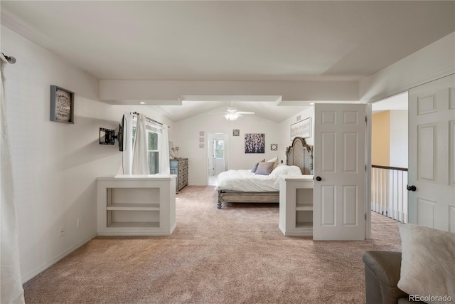 carpeted bedroom with ceiling fan and lofted ceiling