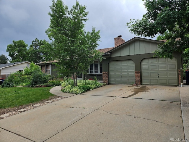 912 E 6th Ave, Broomfield, CO 80020 - ranch-style house with brick siding, a chimney, a garage, concrete driveway, and a front lawn