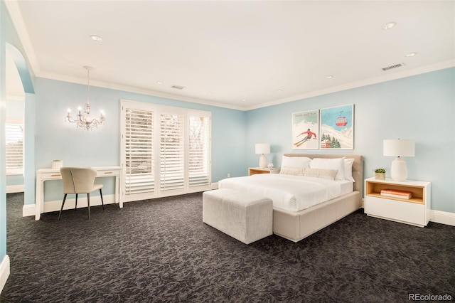 carpeted bedroom with multiple windows, a notable chandelier, and crown molding