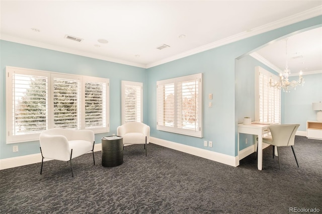 living area with a healthy amount of sunlight, ornamental molding, a chandelier, and dark carpet