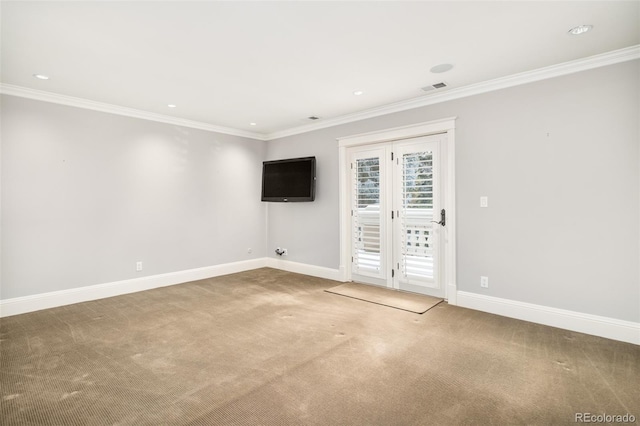 spare room featuring ornamental molding and carpet