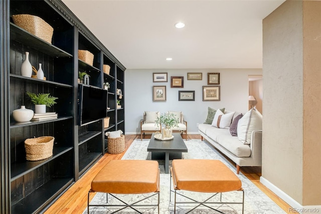 living room with hardwood / wood-style floors and built in shelves