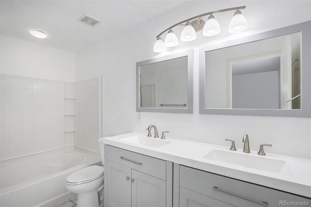 full bathroom featuring a sink, toilet, double vanity, and visible vents