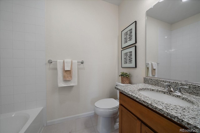 full bathroom with tile patterned flooring, vanity, tiled shower / bath combo, and toilet