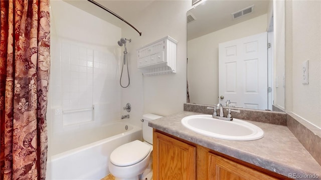 full bath with toilet, shower / bathtub combination with curtain, visible vents, and vanity