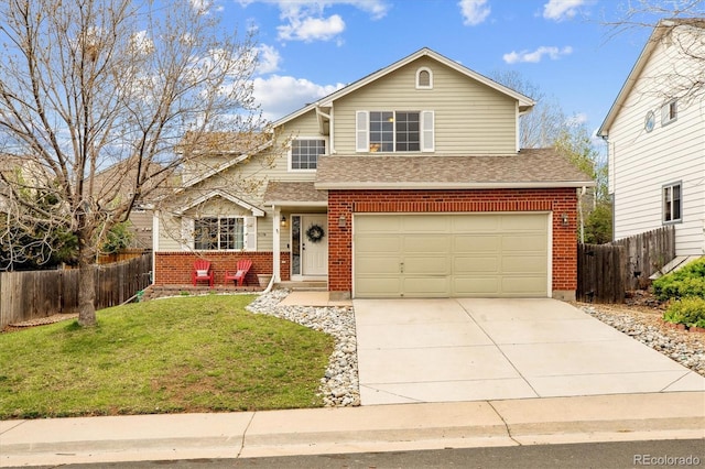 traditional home featuring concrete driveway, brick siding, an attached garage, and fence