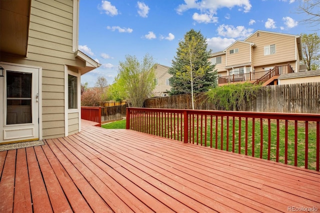 deck with a fenced backyard, a yard, and a residential view
