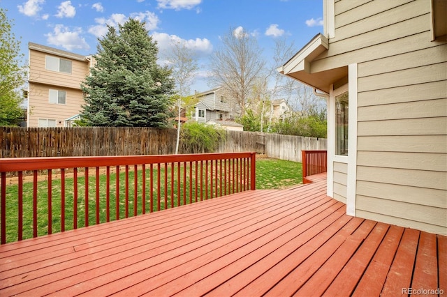 wooden deck featuring a fenced backyard and a yard