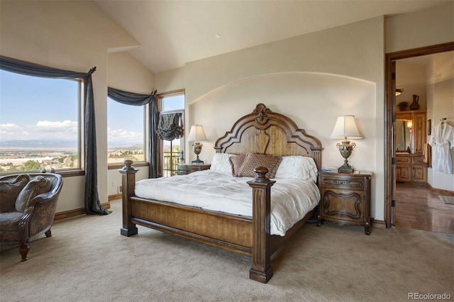 bedroom featuring vaulted ceiling and carpet floors