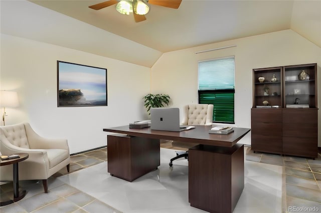 office featuring ceiling fan and vaulted ceiling