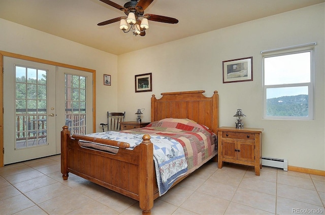 bedroom featuring access to outside, french doors, light tile patterned flooring, ceiling fan, and a baseboard radiator