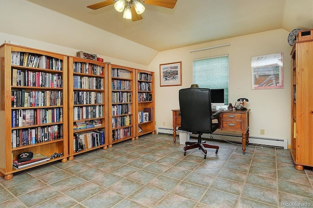 home office with vaulted ceiling, ceiling fan, and a baseboard radiator