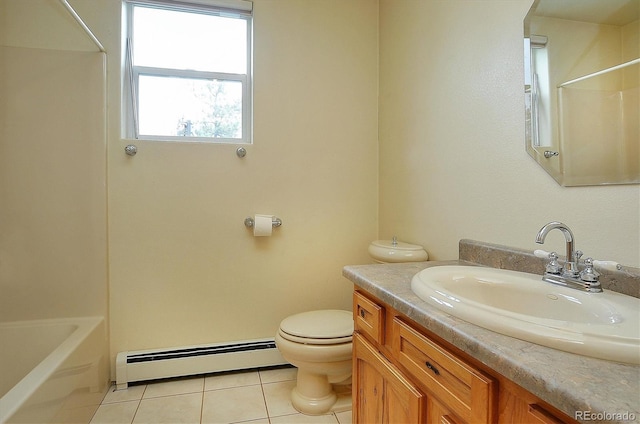 full bathroom with toilet, tile patterned floors,  shower combination, vanity, and baseboard heating