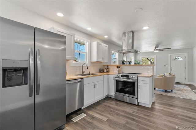 1130 E Yampa St, Colorado Springs, CO 80903 - kitchen featuring a sink, island exhaust hood, butcher block counters, a peninsula, and appliances with stainless steel finishes