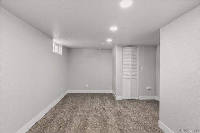 1130 E Yampa St, Colorado Springs, CO 80903 - finished basement with visible vents, baseboards, carpet floors, and recessed lighting