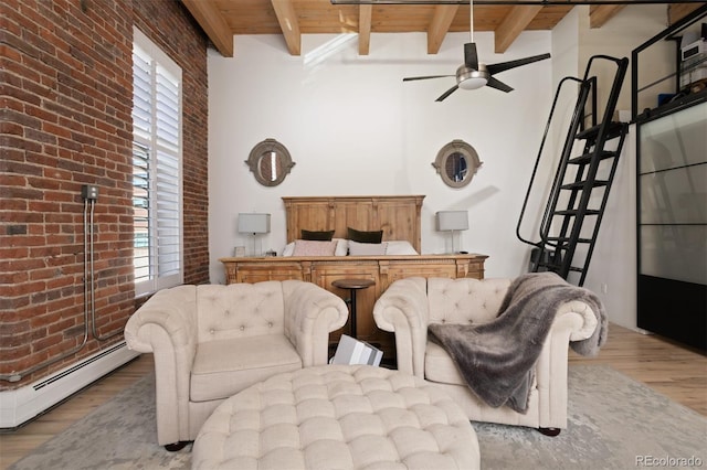 interior space with baseboard heating, wood-type flooring, beamed ceiling, and wooden ceiling