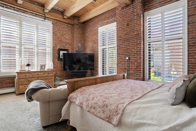 bedroom with brick wall, beamed ceiling, wooden ceiling, and wood-type flooring