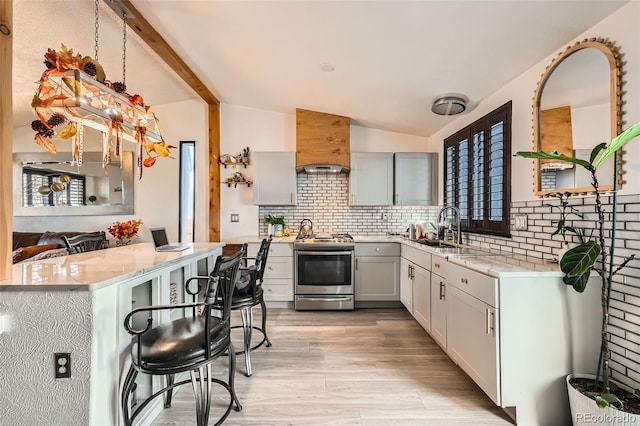 kitchen featuring custom exhaust hood, sink, electric stove, light hardwood / wood-style flooring, and vaulted ceiling with beams