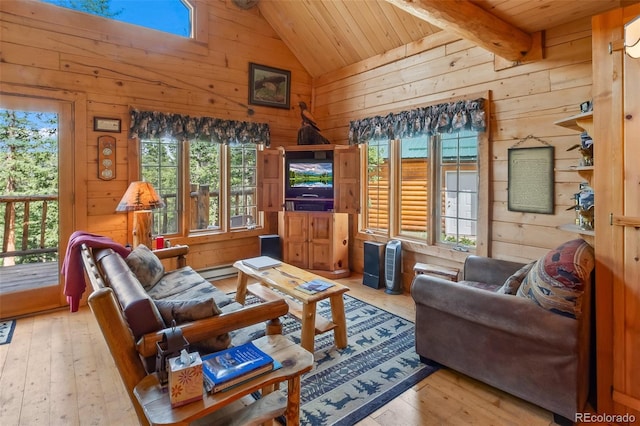987 Boreas Cir, Jefferson, CO 80456 - living room featuring wooden walls, wooden ceiling, and wood-type flooring