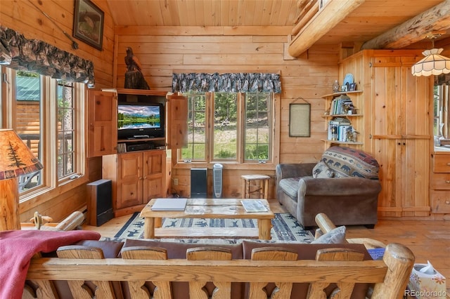 987 Boreas Cir, Jefferson, CO 80456 - living area featuring wooden walls, a wood ceiling with exposed beams, plenty of natural light, and light wood-type flooring