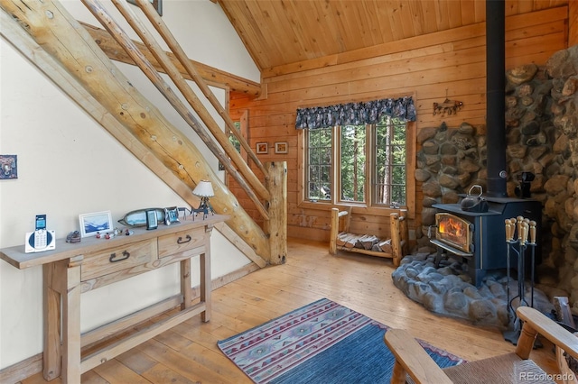 987 Boreas Cir, Jefferson, CO 80456 - living area featuring a wood stove, wood-type flooring, wooden ceiling, lofted ceiling, and wooden walls