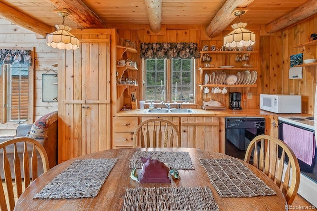 987 Boreas Cir, Jefferson, CO 80456 - kitchen with white appliances, a wooden ceiling with exposed beams, wooden walls, open shelves, and wood finished floors
