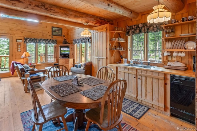 987 Boreas Cir, Jefferson, CO 80456 - dining area with light wood-style flooring, a wooden ceiling with exposed beams, wooden walls, and a chandelier