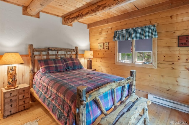 987 Boreas Cir, Jefferson, CO 80456 - bedroom with a wood ceiling with exposed beams, wooden walls, a baseboard heating unit, and wood-type flooring