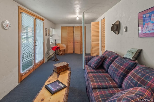 987 Boreas Cir, Jefferson, CO 80456 - carpeted living room featuring a baseboard radiator and a textured wall