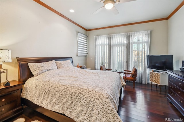 bedroom with multiple windows, ornamental molding, dark wood finished floors, and a ceiling fan