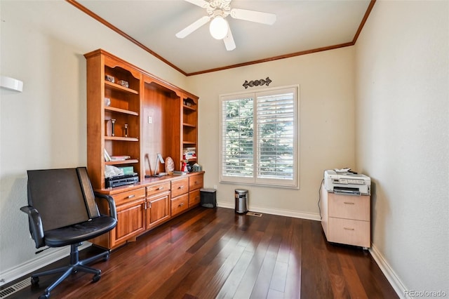 office area featuring crown molding, ceiling fan, dark wood-type flooring, and baseboards