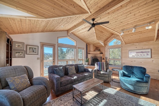 living room with wood ceiling and a healthy amount of sunlight