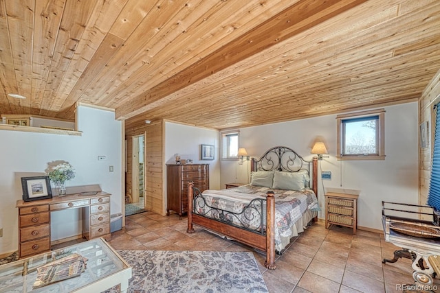 bedroom featuring tile patterned flooring and wood ceiling