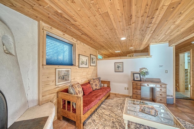 living room with wood walls and wood ceiling